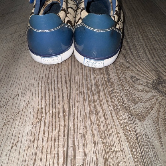 Coach Barrett Canvas logo sneakers brown blue patent leather trim 8 EUC Velcro - Picture 6 of 7